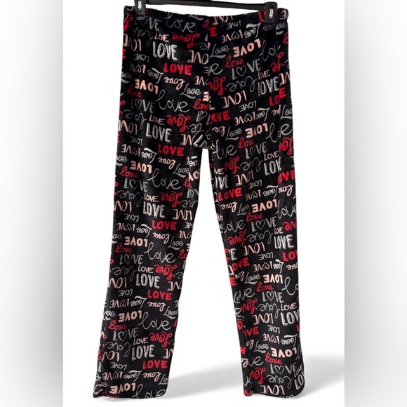 #1694 - Love Minky Fleece Lounge Sleep Pants Black Pink Red Drawstring - Picture 2 of 9